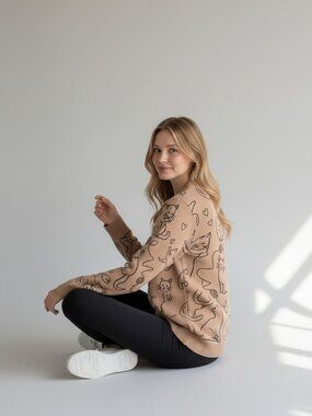 Anthropologie Calligraphie Playful Cat & Yarn Knit Sweater 1X Tan Plus Size NWT